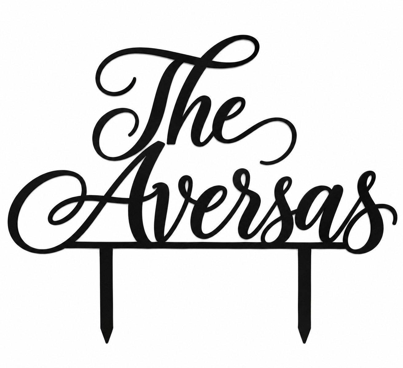 The Aversas personalized black script cake topper with two stakes
