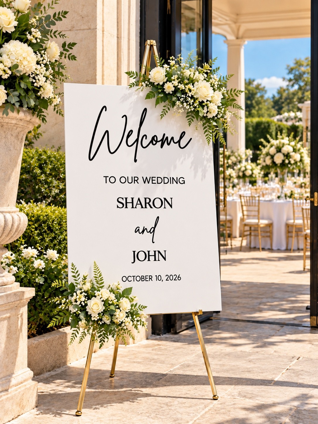 Acrylic wedding welcome sign displayed outdoors